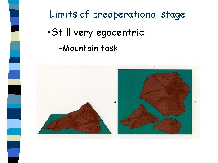 Limits of preoperational stage • Still very egocentric –Mountain task 