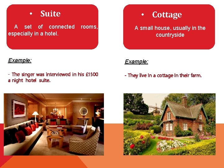  • Suite A set of connected especially in a hotel. • Cottage rooms,