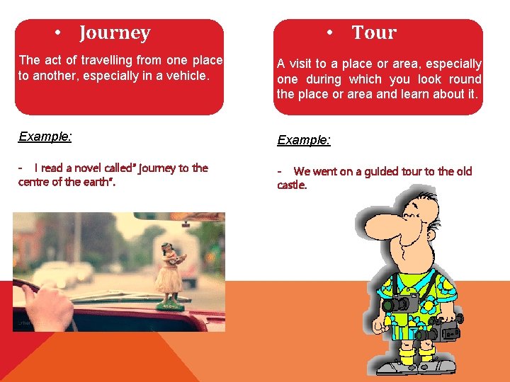  • Journey • Tour The act of travelling from one place to another,