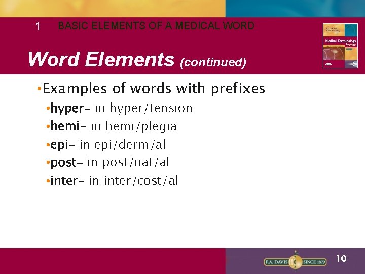 1 BASIC ELEMENTS OF A MEDICAL WORD Word Elements (continued) • Examples of words