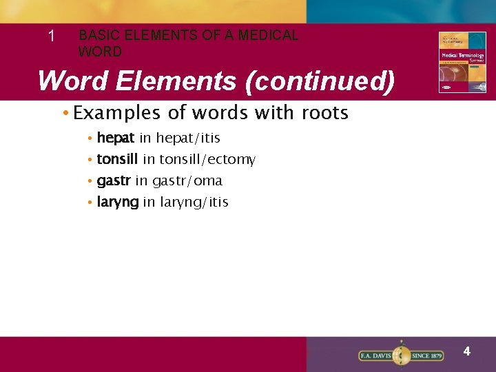 1 BASIC ELEMENTS OF A MEDICAL WORD Word Elements (continued) • Examples of words