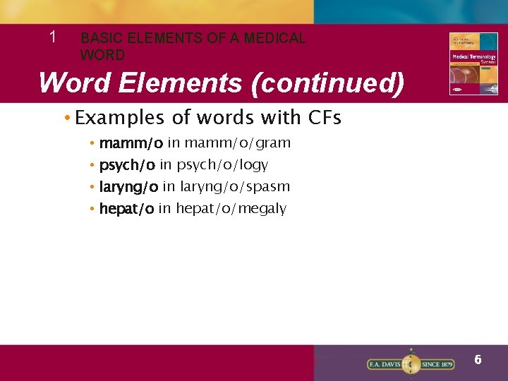 1 BASIC ELEMENTS OF A MEDICAL WORD Word Elements (continued) • Examples of words