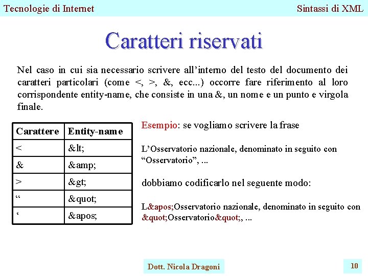 Tecnologie di Internet Sintassi di XML Caratteri riservati Nel caso in cui sia necessario Tecnologie di Internet Sintassi di XML Caratteri riservati Nel caso in cui sia necessario