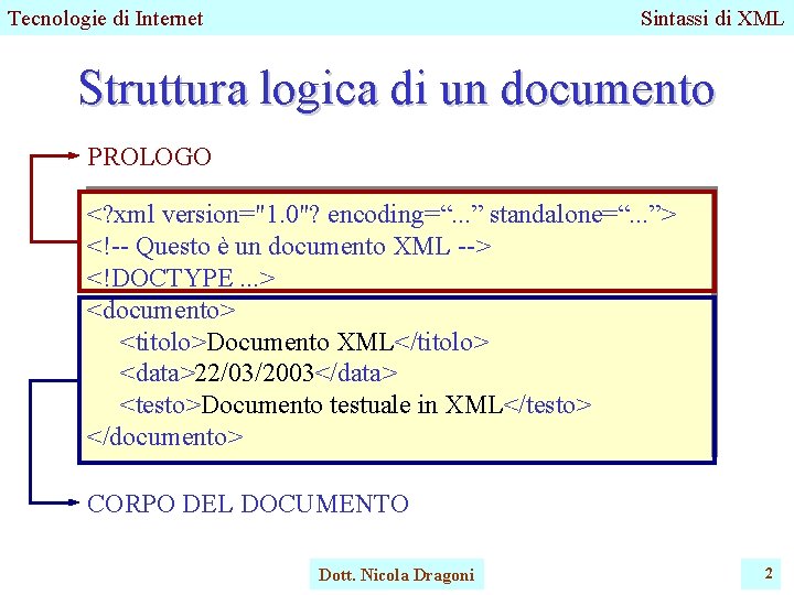 Tecnologie di Internet Sintassi di XML Struttura logica di un documento PROLOGO <? xml Tecnologie di Internet Sintassi di XML Struttura logica di un documento PROLOGO <? xml