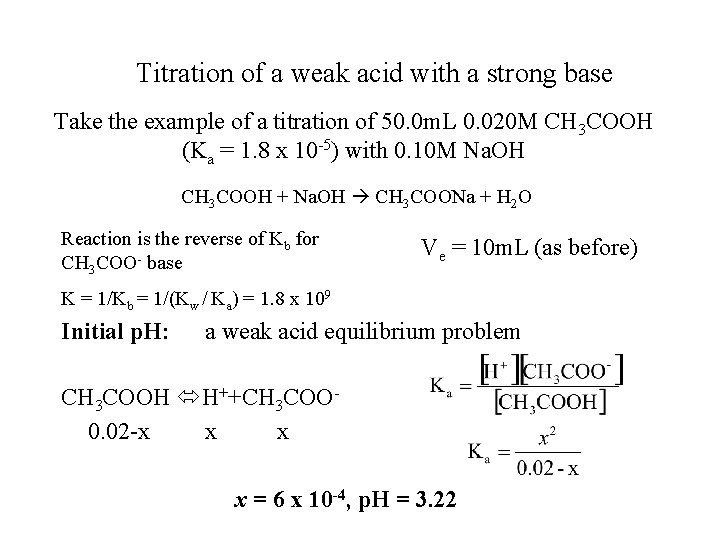 Titration of a weak acid with a strong base Take the example of a