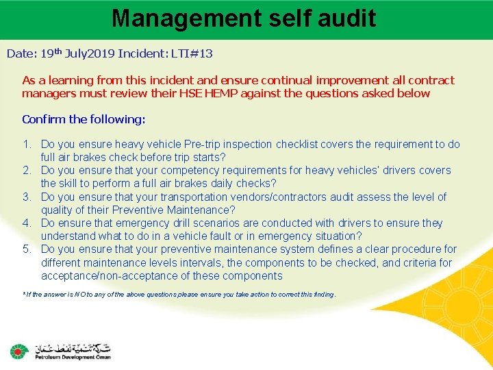 Management self audit Main contractor name – LTI# - Date of incident Date: 19