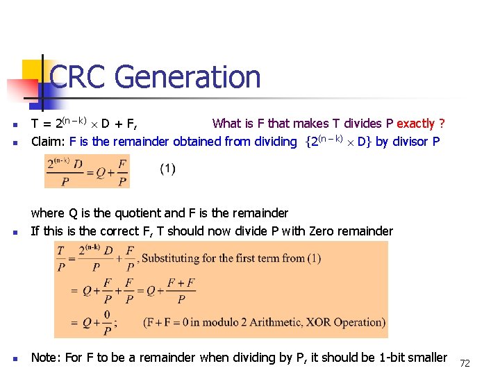 CRC Generation n T = 2(n – k) D + F, What is F