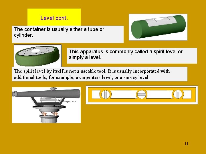 Level cont. The container is usually either a tube or cylinder. This apparatus is