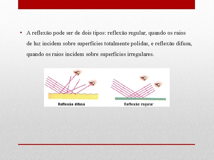  • A reflexão pode ser de dois tipos: reflexão regular, quando os raios