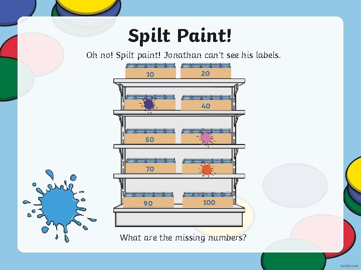 Spilt Paint! Oh no! Spilt paint! Jonathan can’t see his labels. 10 20 30