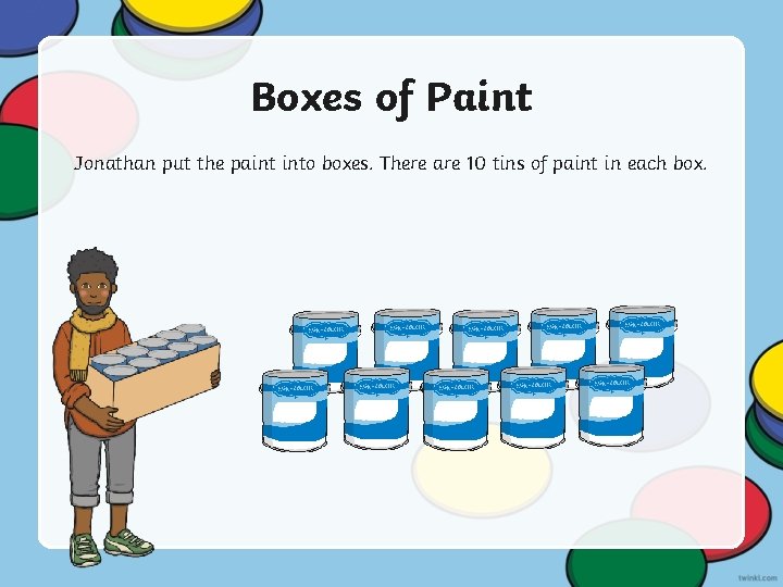 Boxes of Paint Jonathan put the paint into boxes. There are 10 tins of