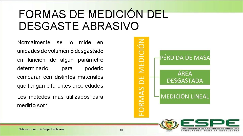 FORMAS DE MEDICIÓN DEL DESGASTE ABRASIVO Normalmente se lo mide en unidades de volumen