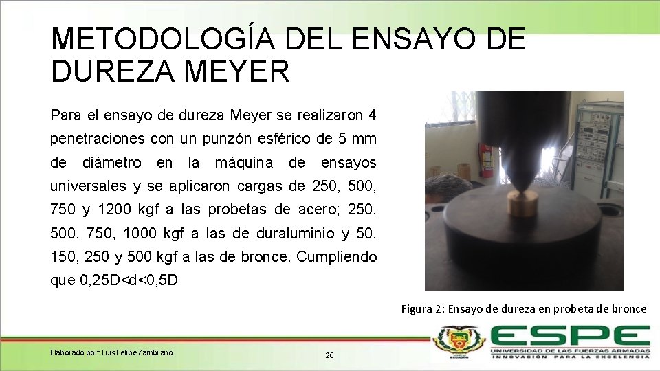 METODOLOGÍA DEL ENSAYO DE DUREZA MEYER Para el ensayo de dureza Meyer se realizaron