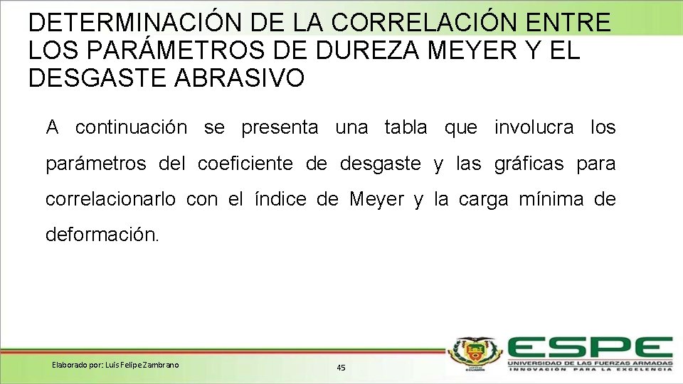 DETERMINACIÓN DE LA CORRELACIÓN ENTRE LOS PARÁMETROS DE DUREZA MEYER Y EL DESGASTE ABRASIVO