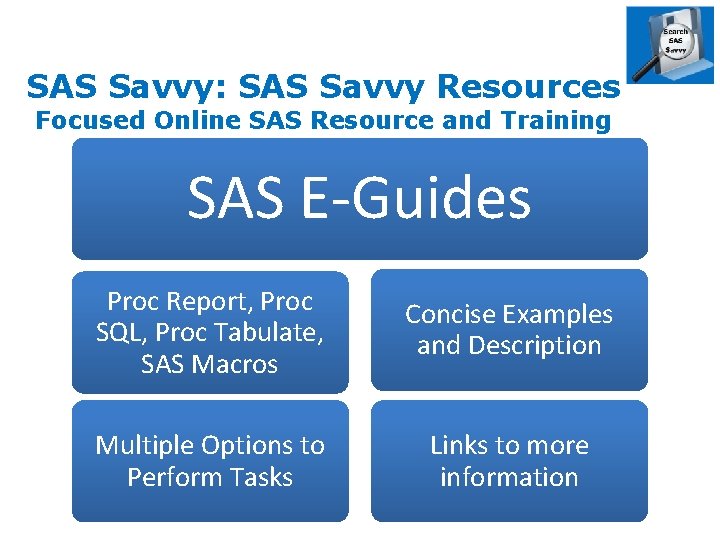 SAS Savvy: SAS Savvy Resources Focused Online SAS Resource and Training SAS E-Guides Proc