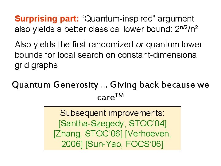 Surprising part: “Quantum-inspired” argument also yields a better classical lower bound: 2 n/2/n 2