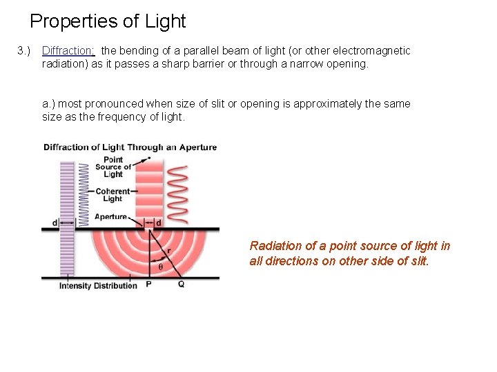 Properties of Light 3. ) Diffraction: the bending of a parallel beam of light