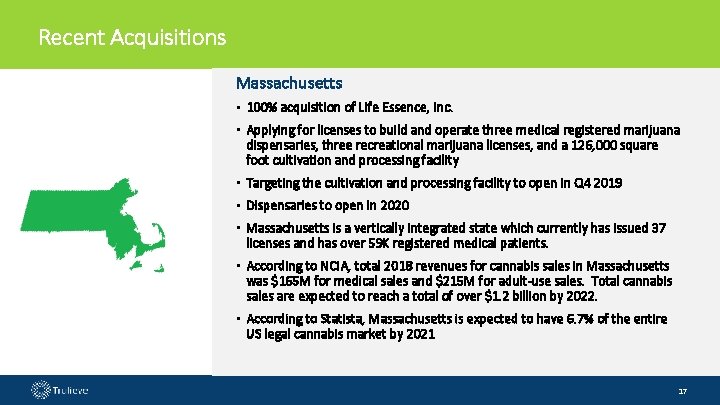 Recent Acquisitions Massachusetts • 100% acquisition of Life Essence, Inc. • Applying for licenses