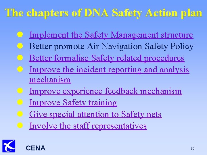 The chapters of DNA Safety Action plan l l l l Implement the Safety