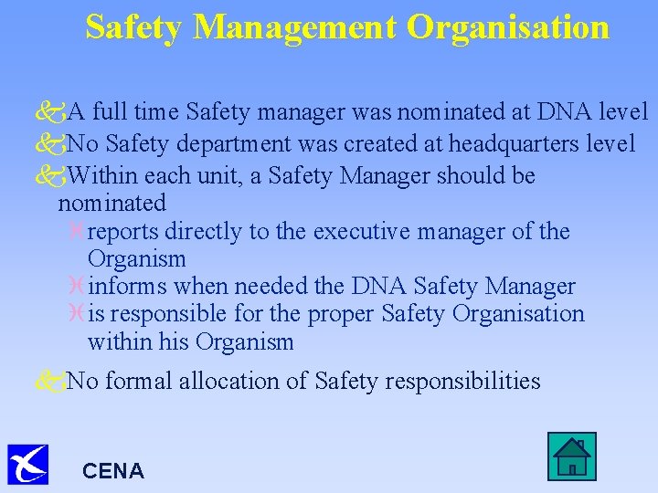 Safety Management Organisation k. A full time Safety manager was nominated at DNA level