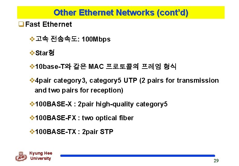 Other Ethernet Networks (cont’d) q. Fast Ethernet v고속 전송속도: 100 Mbps v. Star형 v