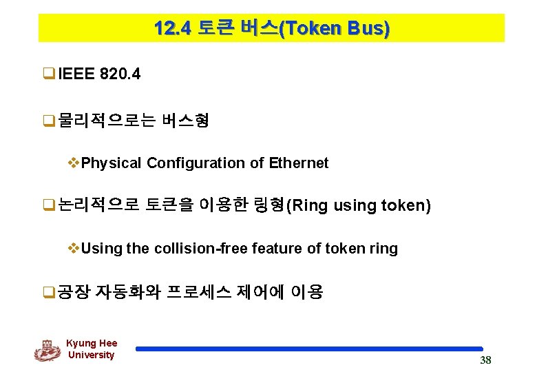 12. 4 토큰 버스(Token Bus) q. IEEE 820. 4 q물리적으로는 버스형 v. Physical Configuration