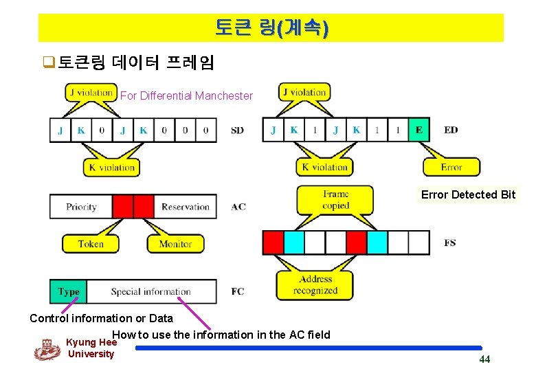 토큰 링(계속) q토큰링 데이터 프레임 For Differential Manchester Error Detected Bit Control information or