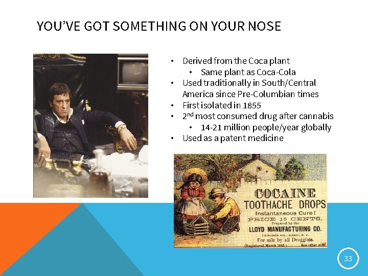 YOU’VE GOT SOMETHING ON YOUR NOSE • Derived from the Coca plant • Same