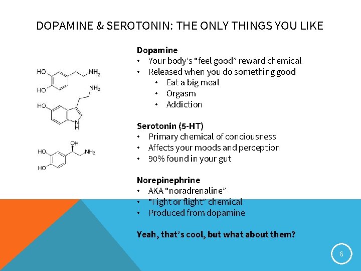 DOPAMINE & SEROTONIN: THE ONLY THINGS YOU LIKE Dopamine • Your body’s “feel good”