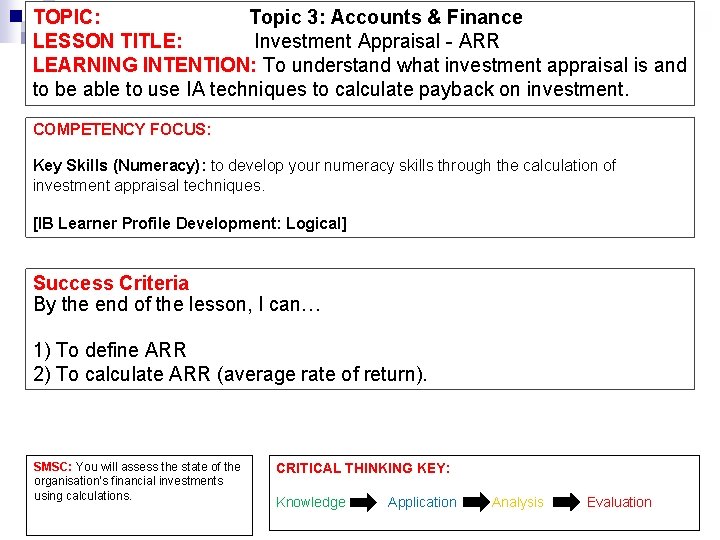TOPIC: Topic 3: Accounts & Finance LESSON TITLE: Investment Appraisal - ARR LEARNING INTENTION: TOPIC: Topic 3: Accounts & Finance LESSON TITLE: Investment Appraisal - ARR LEARNING INTENTION: