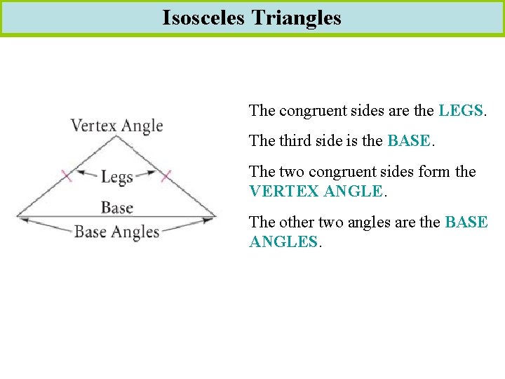 Isosceles Triangles The congruent sides are the LEGS. The third side is the BASE.