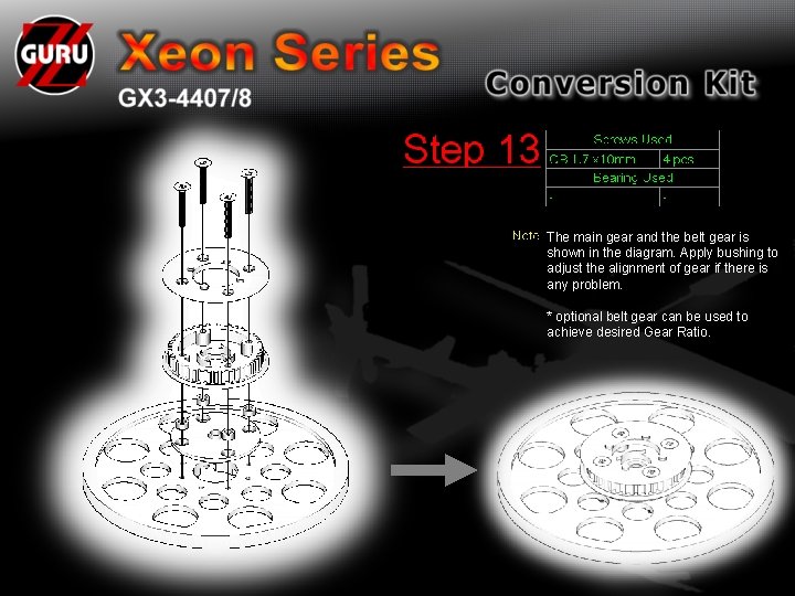 The main gear and the belt gear is shown in the diagram. Apply bushing