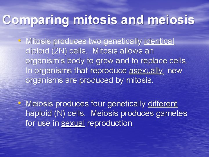 Comparing mitosis and meiosis • Mitosis produces two genetically identical diploid (2 N) cells.