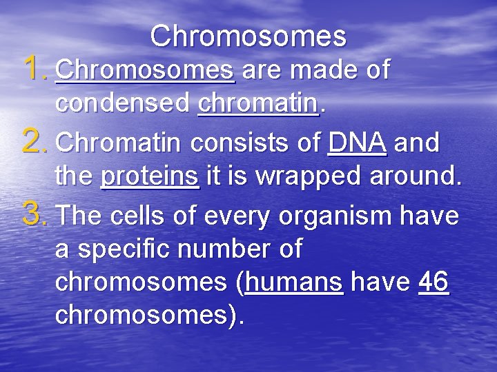Chromosomes 1. Chromosomes are made of condensed chromatin. 2. Chromatin consists of DNA and