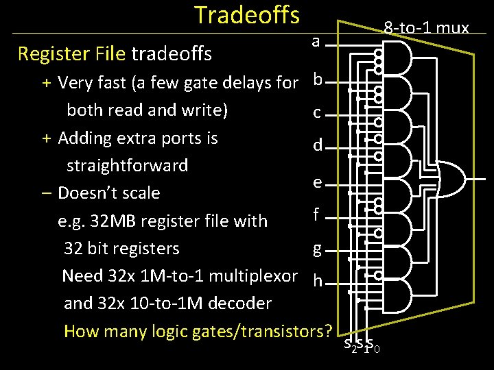 Tradeoffs Register File tradeoffs 8 -to-1 mux a + Very fast (a few gate