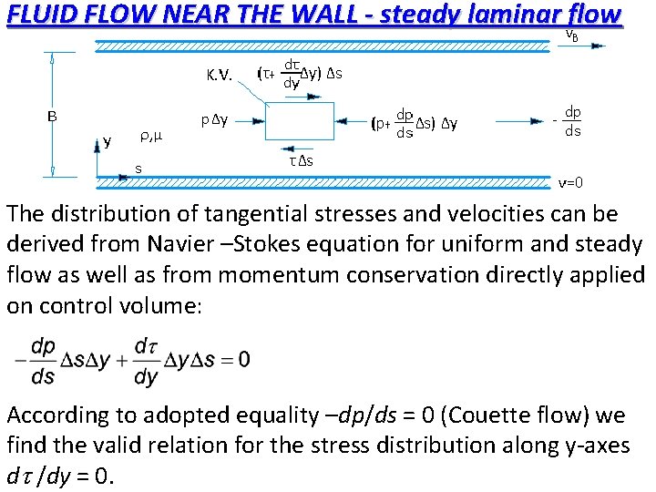 FLUID FLOW NEAR THE WALL - steady laminar flow The distribution of tangential stresses