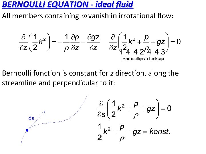 BERNOULLI EQUATION - ideal fluid All members containing vanish in irrotational flow: Bernoulli function
