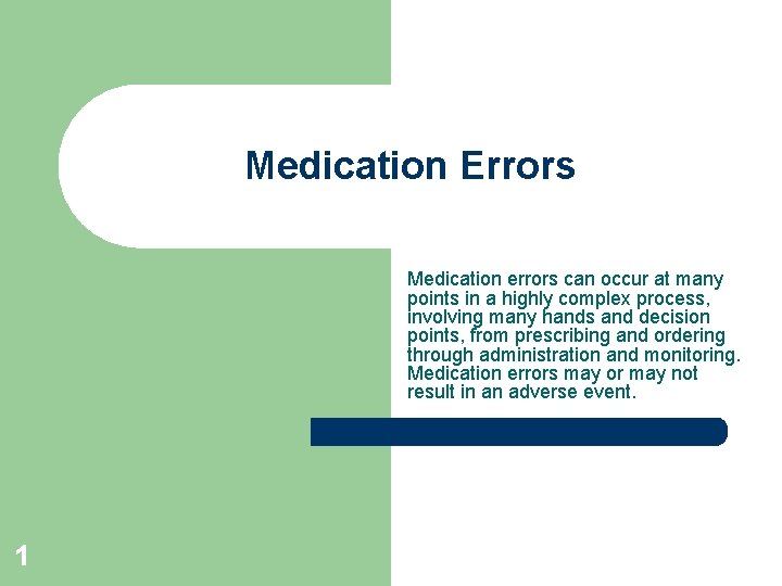 Medication Errors Medication errors can occur at many points in a highly complex process,