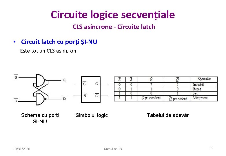 Circuite logice secvențiale CLS asincrone - Circuite latch • Circuit latch cu porți ȘI-NU