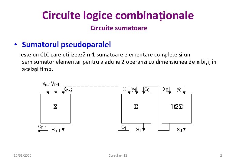 Circuite logice combinaționale Circuite sumatoare • Sumatorul pseudoparalel este un CLC care utilizează n-1