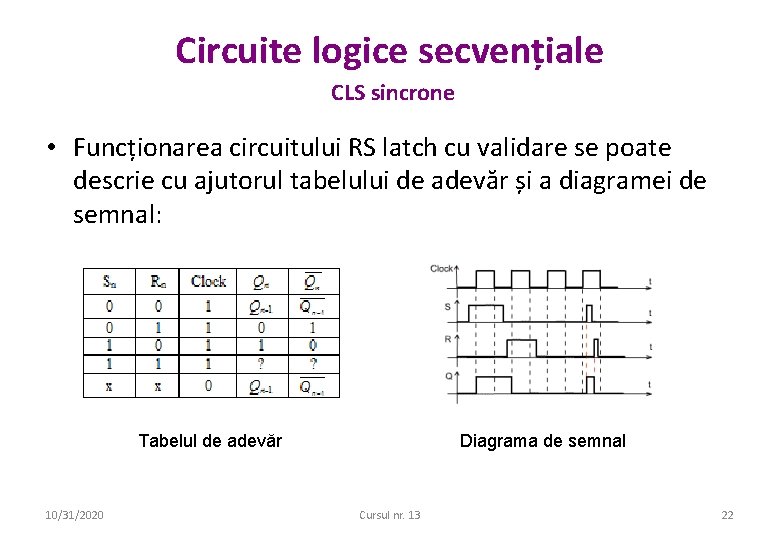 Circuite logice secvențiale CLS sincrone • Funcționarea circuitului RS latch cu validare se poate