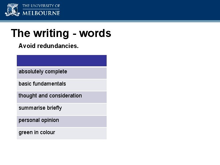 Academic Skills Unit The writing - words Avoid redundancies. absolutely complete basic fundamentals thought