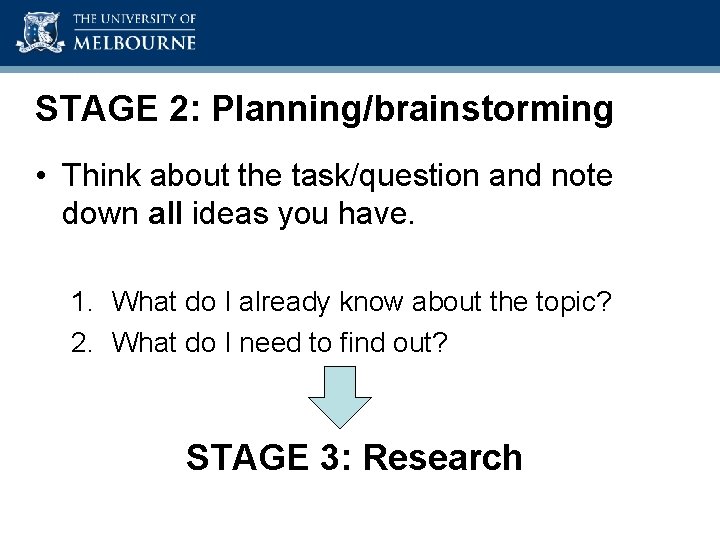 Academic Skills Unit STAGE 2: Planning/brainstorming • Think about the task/question and note down