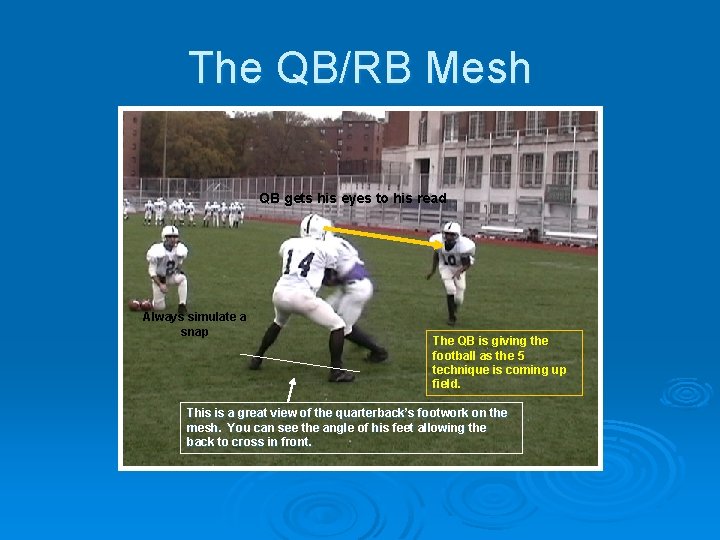 The QB/RB Mesh QB gets his eyes to his read Always simulate a snap