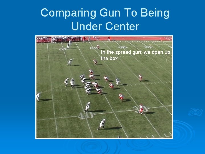 Comparing Gun To Being Under Center In the spread gun, we open up the