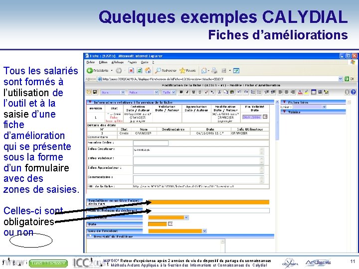 Quelques exemples CALYDIAL Fiches d’améliorations Tous les salariés sont formés à l’utilisation de l’outil