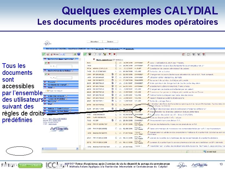 Quelques exemples CALYDIAL Les documents procédures modes opératoires Tous les documents sont accessibles par