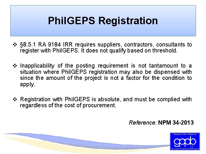 Phil. GEPS Registration v § 8. 5. 1 RA 9184 IRR requires suppliers, contractors,