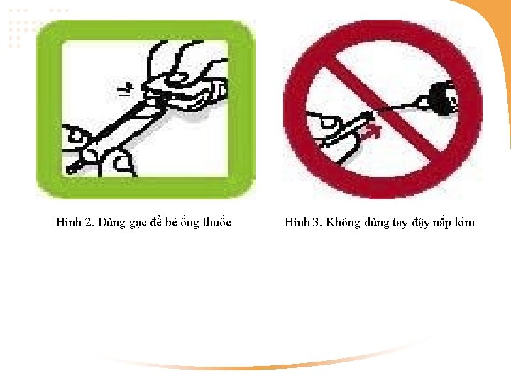 Hình 2. Dùng gạc để bẻ ống thuốc Hình 3. Không dùng tay đậy