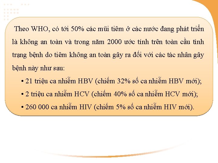  Theo WHO, có tới 50% các mũi tiêm ở các nước đang phát